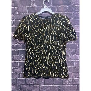 VTG Jewel Queen Top Womens Medium Black Gold Silk Beaded Embellished Formal